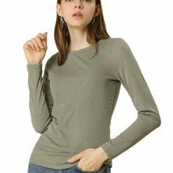Allegra K Crew Neck Ribbed Slim Fit Knit Top Women