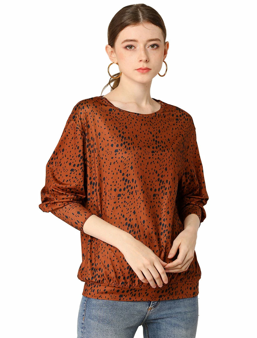 Women Allegra K Casual Round Neck Long Sleeve Leopard Print Blouson Top 3 Women Allegra K Casual Round Neck Long Sleeve Leopard Print Blouson Top