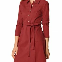 Women Allegra K Half Placket Long Sleeve Short Shirt Dress With Belt