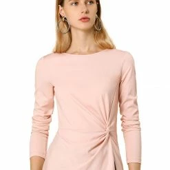 Allegra K Round Neck Front Twist Tops Long Sleeve Shirt