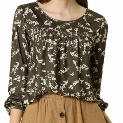 Allegra K Pleated Loose Retro Floral Long Sleeve Top