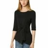 Women Allegra K Casual Asymmetrical Hem Ruched 3/4 Sleeves Round Neck Blouse Top