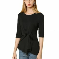 Women Allegra K Casual Asymmetrical Hem Ruched 3/4 Sleeves Round Neck Blouse Top