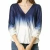 Women Allegra K Dip Dye Wrap V Neck Long Sleeves Elastic Cuffs Blouse