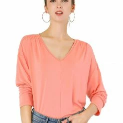 Women Allegra K V Neck Batwing Dolman Loose Casual Top