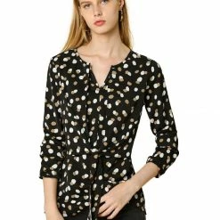 Allegra K Contrast Dots Print Split Neck Long Sleeve Tie Waist Tops
