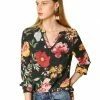 Women Allegra K Stand Collar V Neck Long Sleeve Blouse In Floral Print