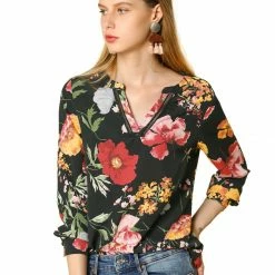 Women Allegra K Stand Collar V Neck Long Sleeve Blouse In Floral Print
