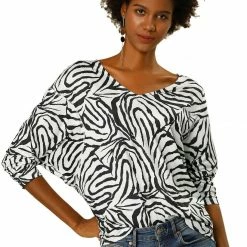 Women Allegra K Animal Zebra Print V Neck Dolman Sleeves Loose Blouse Top