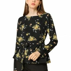 Allegra K Floral Waist Belt Round Neck Top