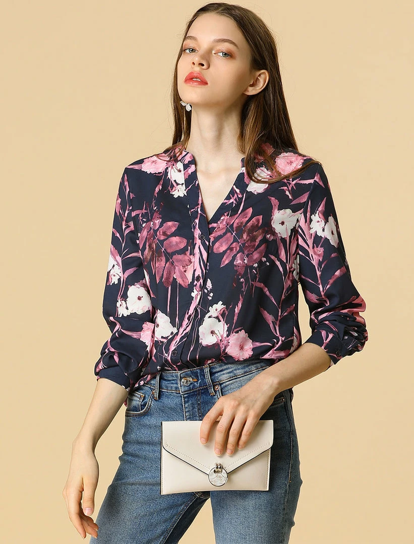 Allegra K Button Down Stand Collar V Neck Long Sleeve Floral Blouse Women 3 Allegra K Button Down Stand Collar V Neck Long Sleeve Floral Blouse Women