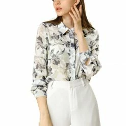Women Allegra K Floral Printed Button Down Shirts Long Sleeves Vintage Top