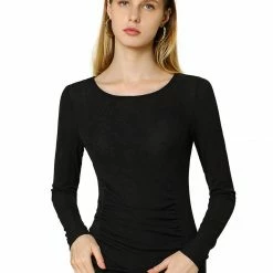 Women Allegra K Ruched Stretchy Blouse Crew Neck Slim Fit Basic Tops