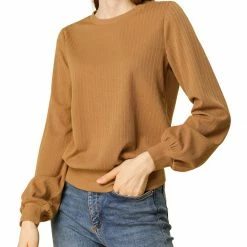 Allegra K Ribbed Pullover Sweater With Lantern Sleeves Women