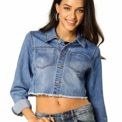 Allegra K Mid Wash Cropped Denim Jacket With Frayed Hem Women