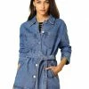 Allegra K Belted Longline Denim Jacket Women