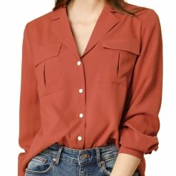 Allegra K Solid Chest Pocket Button Down Notch Lapel Collar Shirt