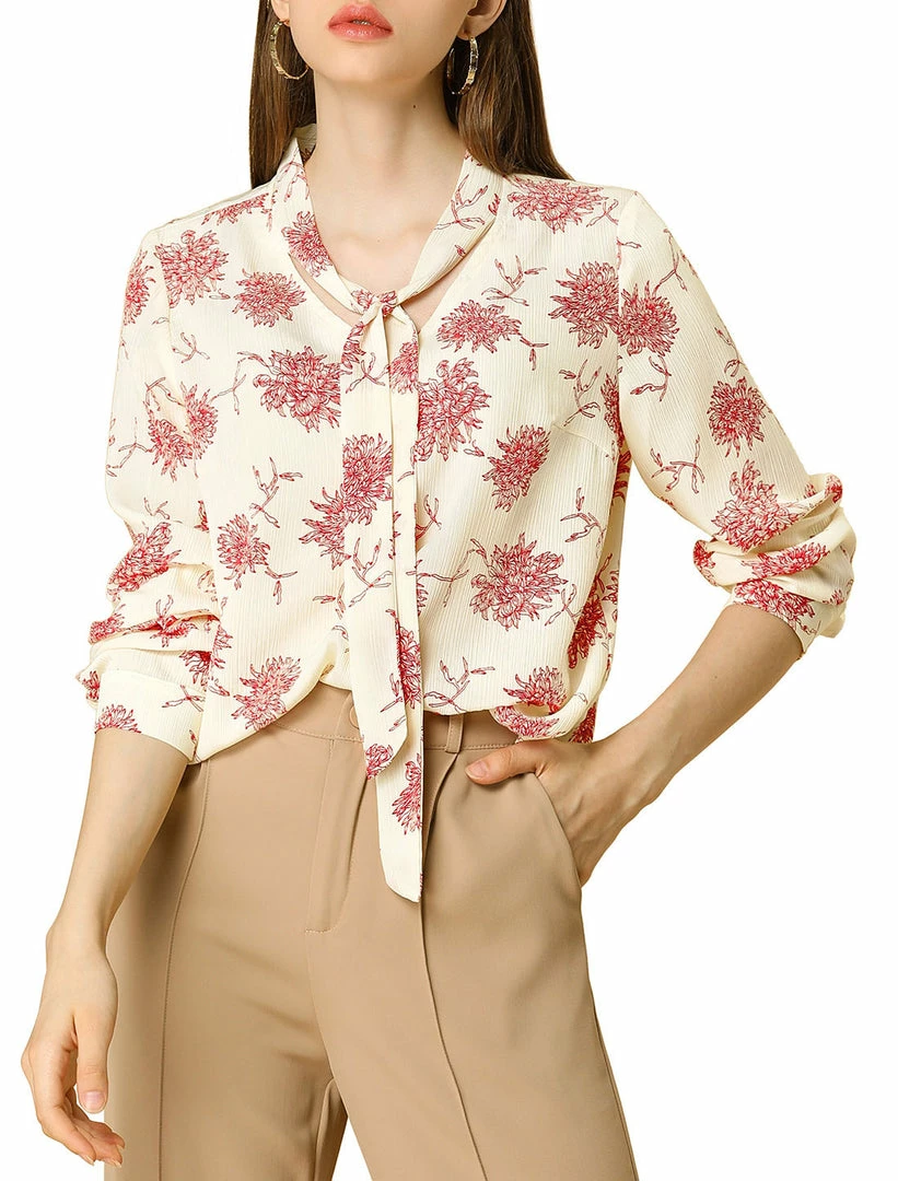 Allegra K Women's Long Sleeve Tie V Neck Chrysanthemum Floral Print Top 3 Allegra K Women's Long Sleeve Tie V Neck Chrysanthemum Floral Print Top