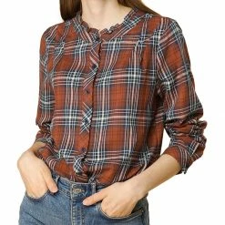 Allegra K Plaid Long Sleeve Ruffle Neck Button Down Shirt