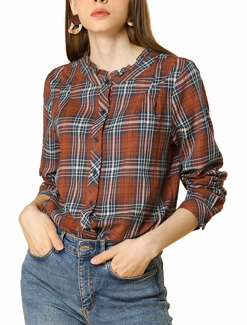 Allegra K Plaid Long Sleeve Ruffle Neck Button Down Shirt 3 Allegra K Plaid Long Sleeve Ruffle Neck Button Down Shirt