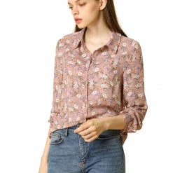 Allegra K Long Sleeve Button Down Ditsy Floral Shirt Women