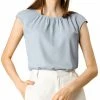 Women Allegra K Pleated Round Neck Keyhole Back Cap Sleeve Chiffon Top