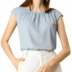 Women Allegra K Pleated Round Neck Keyhole Back Cap Sleeve Chiffon Top