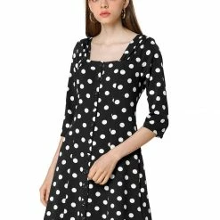 Allegra K Polka Dot Ruched Square Neck Button Front A-Line Dress Women