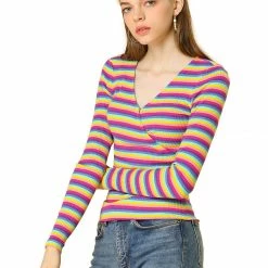 Allegra K Faux Wrap Knit Top In Striped Rainbow