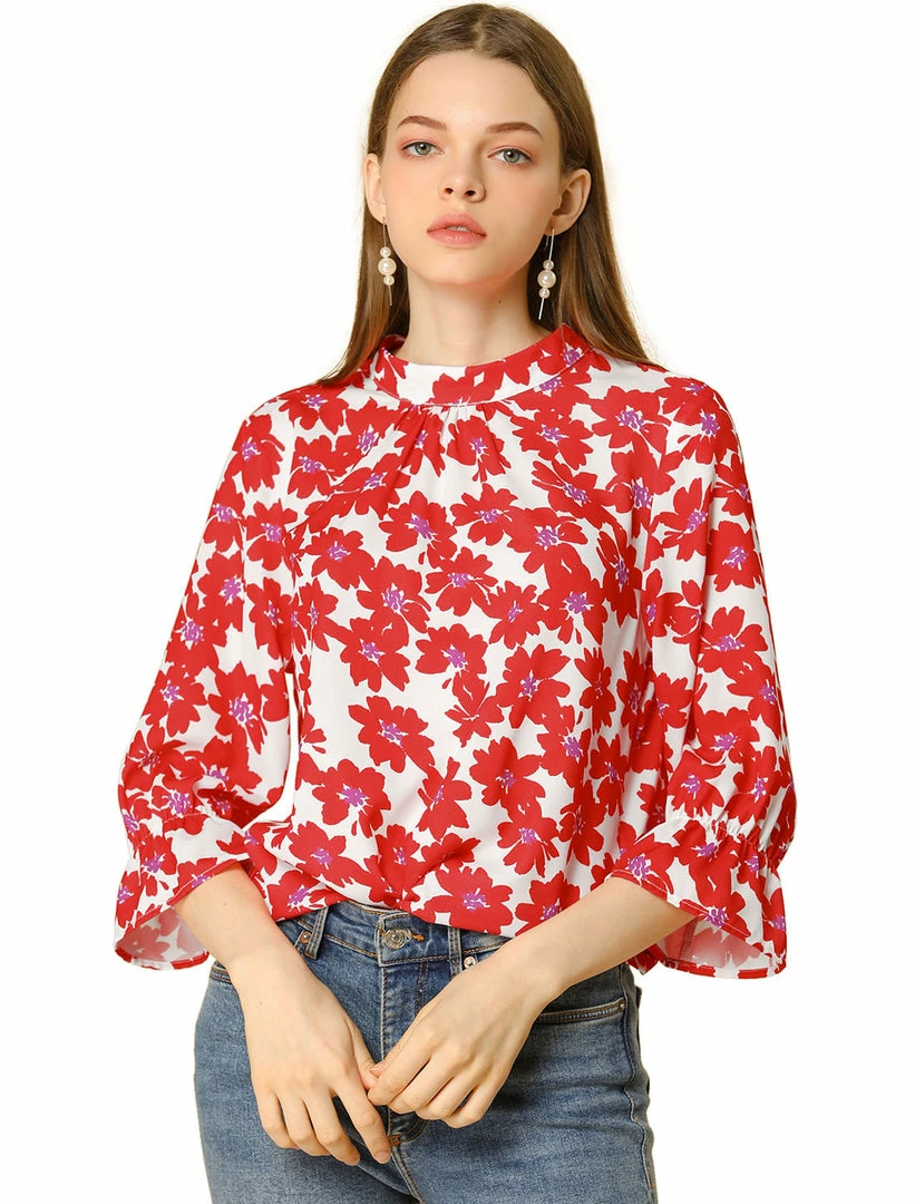 Allegra K Women's Ruffle 3/4 Sleeves Pleated Stand Collar Tie Keyhole Back Floral Printed Blouse Top 3 Allegra K Women's Ruffle 3/4 Sleeves Pleated Stand Collar Tie Keyhole Back Floral Printed Blouse Top
