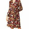 Women Allegra K Floral V-neck Belted Bishop Sleeve Button Front Dress