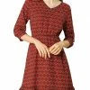 Allegra K Women's Long Sleeve V Neck Ruffle Hem Geometric Motifs Flare Chiffon Dress