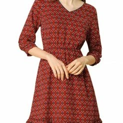 Allegra K Women's Long Sleeve V Neck Ruffle Hem Geometric Motifs Flare Chiffon Dress