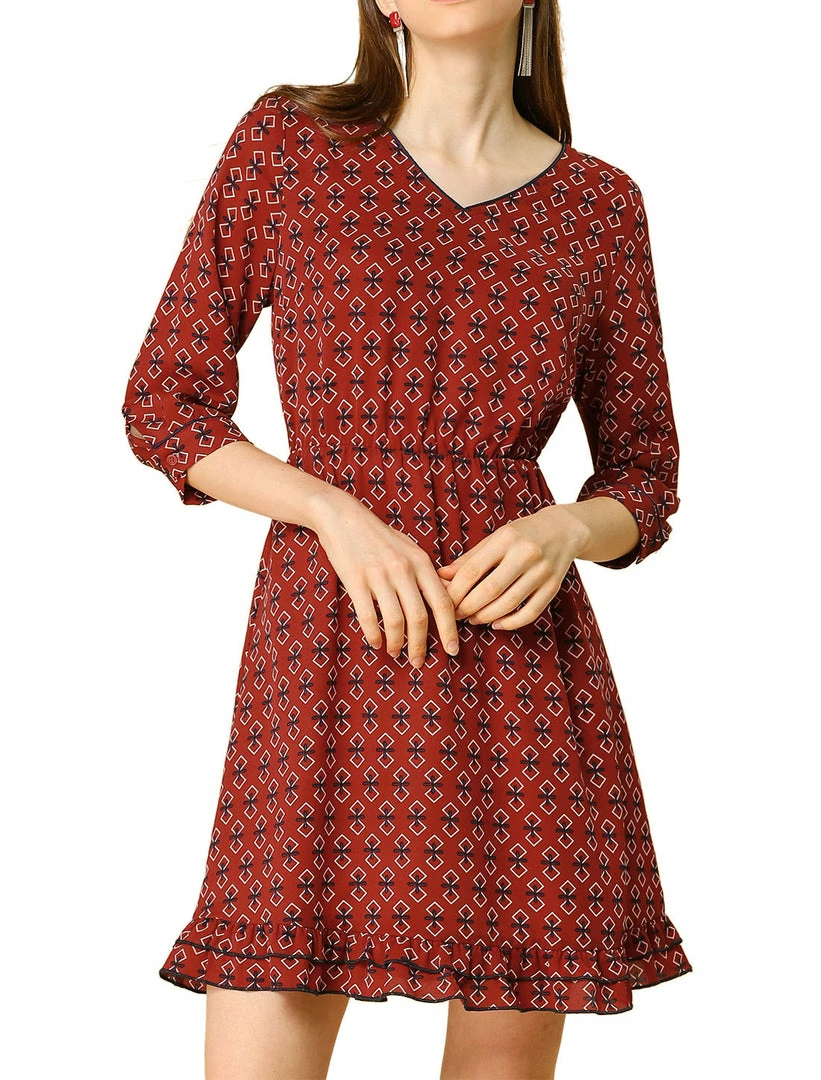 Allegra K Women's Long Sleeve V Neck Ruffle Hem Geometric Motifs Flare Chiffon Dress 3 Allegra K Women's Long Sleeve V Neck Ruffle Hem Geometric Motifs Flare Chiffon Dress