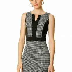 Women Allegra K Houndstooth Sleeveless Split Neck Slim Office Work Bodycon Dress