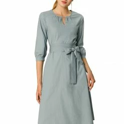 Allegra K Keyhole Neck Elbow Sleeve Dress With Tie Waist Front Women