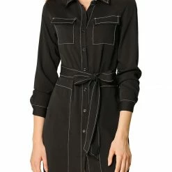 Allegra K Contrast Stitch Button Up Belted Long Sleeves Shirt Dress