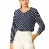 Allegra K V Neck 3/4 Sleeve Casual Striped Chiffon Blouse Women