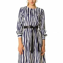Women Allegra K Irregular Stripes A-line Dress With Contrast Color Belt