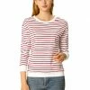 Women Allegra K Basic Long Sleeve Crew Neck Contrast Striped T-Shirt