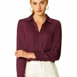 Allegra K V Neck Long Sleeve Work Shirt