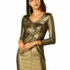 Women Allegra K Metallic V Neck Long Sleeve Twist Front Dress