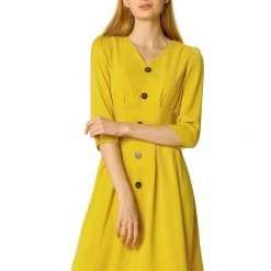 Allegra K Women's Three Quarter Sleeve Pleated Swing Casual A-line Dress