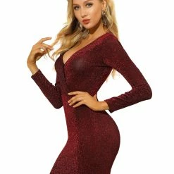Allegra K V Neck Long Sleeve Stretchy Glitter Bodycon Dress