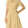 Women Allegra K Four Pockets Shirt Dress With Notched Lapel In Khaki
