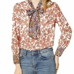 Allegra K Boho Floral Printed Shirts V Neck Pussy-Bow Blouse Top Women