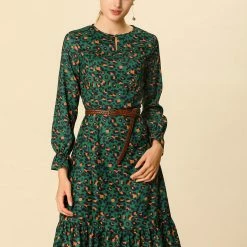 Women Allegra K Leopard Keyhole Neck Long Sleeve Dress