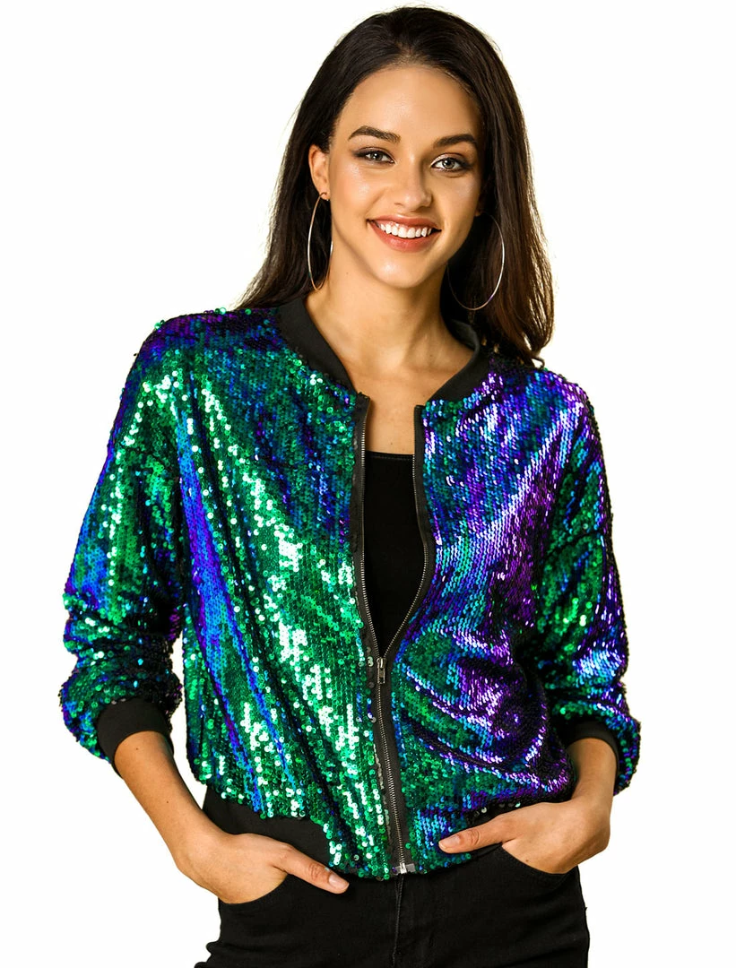 Women Allegra K Sequin Bomber Jacket 3 Women Allegra K Sequin Bomber Jacket