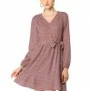 Allegra K V-neck Ruffle Hem Belted Geometric Pattern Long Sleeve Dress