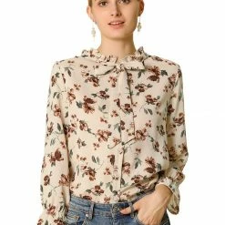 Allegra K Floral Ruffle Tie Neck Long Sleeve Blouse Women